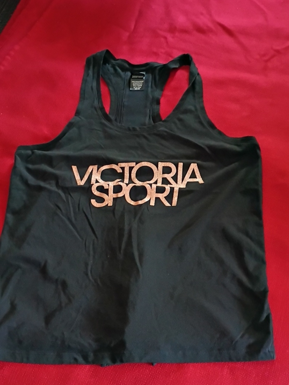 Victoria Sport Black Racerback Tank with Rose Gold Logo